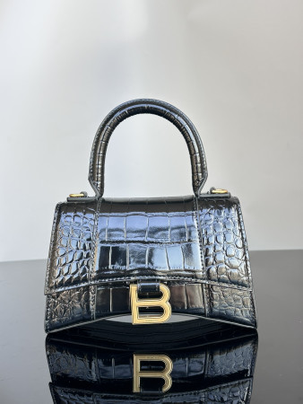 Ba*len*cia*ga WOMEN'S HOURGLASS MINI HANDBAG CROCODILE EMBOSSED IN BLACK  L7.4 x H5.1 x W3.1 inch