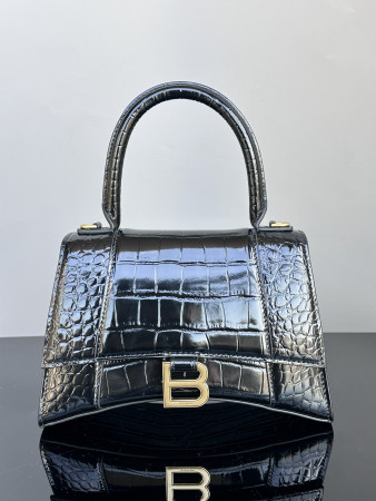 Ba*len*cia*ga WOMEN'S HOURGLASS SMALL HANDBAG CROCODILE EMBOSSED IN BLACK WITH GOLD HARDWARE L9 x H5.5 x W3.9 inch