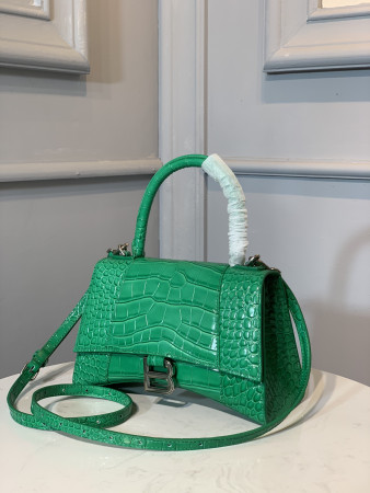 Ba*len*cia*ga WOMEN'S HOURGLASS SMALL HANDBAG CROCODILE EMBOSSED IN GREEN L9 x H5.5 x W3.9 inch
