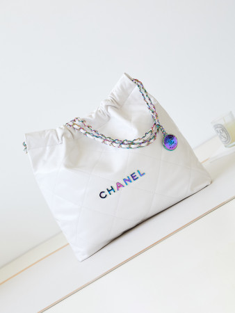 Ch*el 22 SMALL HANDBAG Shiny Calfskin & Rainbow Metal White 15.2×16.4×3.1 in