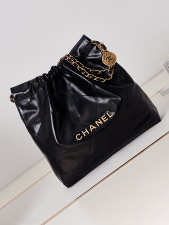 Ch*el 22 SMALL HANDBAG Shiny Calfskin & GOLD Metal BLACK 13.7×14.4×2.7 in