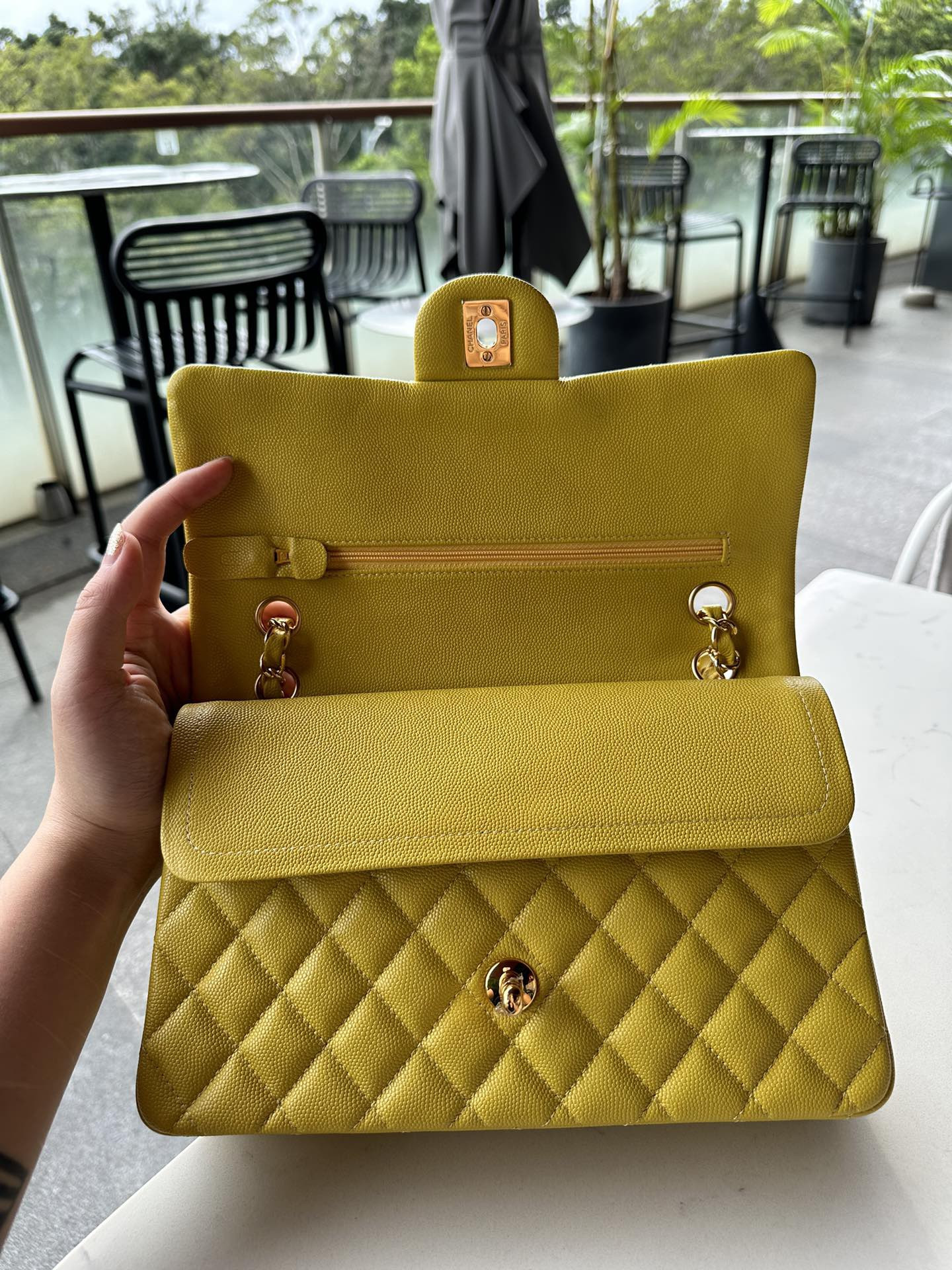 Ch*el CLASSIC HANDBAG GRAINED CALFSKIN & GOLD-TONE METAL yellow 6×9.9×2.5 in