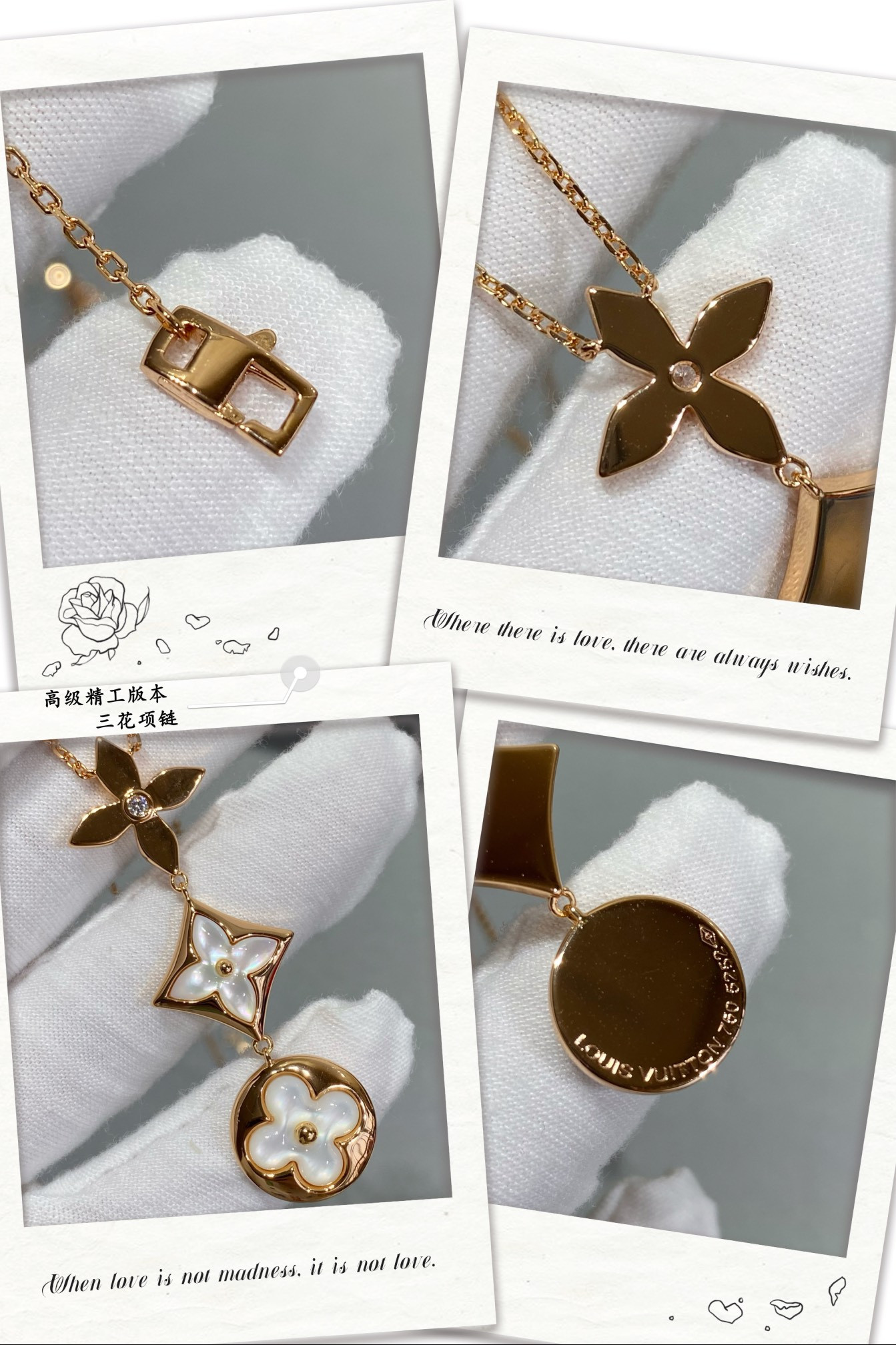 L0*is V*t0n Three-Flower Necklace Rose Gold