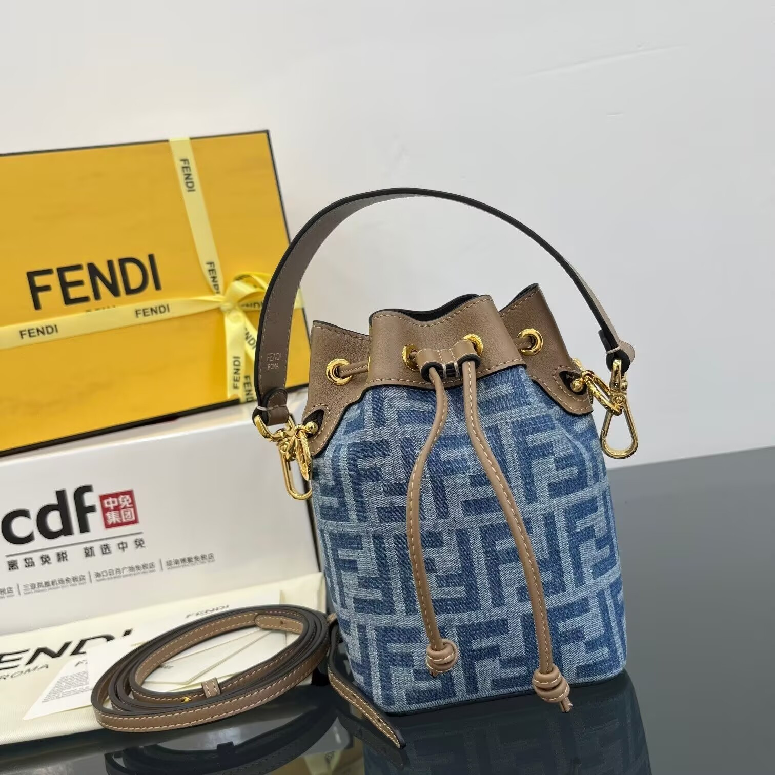 F**di Mon Tresor Mini Ff Denim Fabric Bucket Bag 18x12x10cm