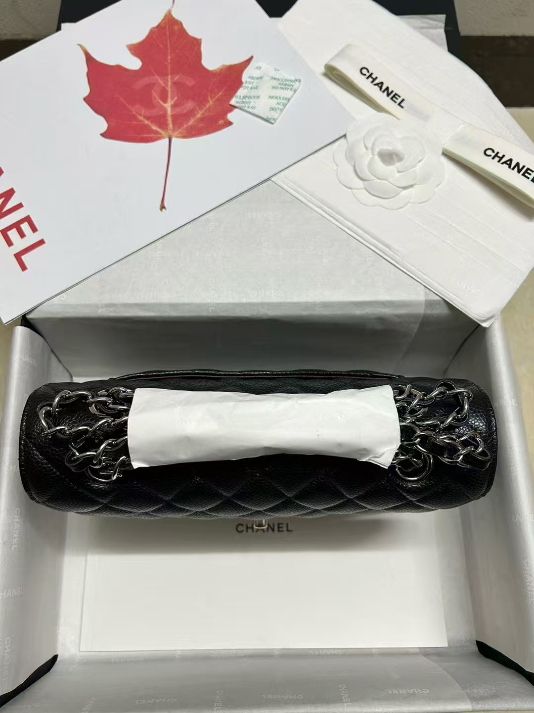 Ch*el SMALL CLASSIC HANDBAG Grained Calfskin & Silver-Tone Metal Black 5.7 × 9 × 2.3 in