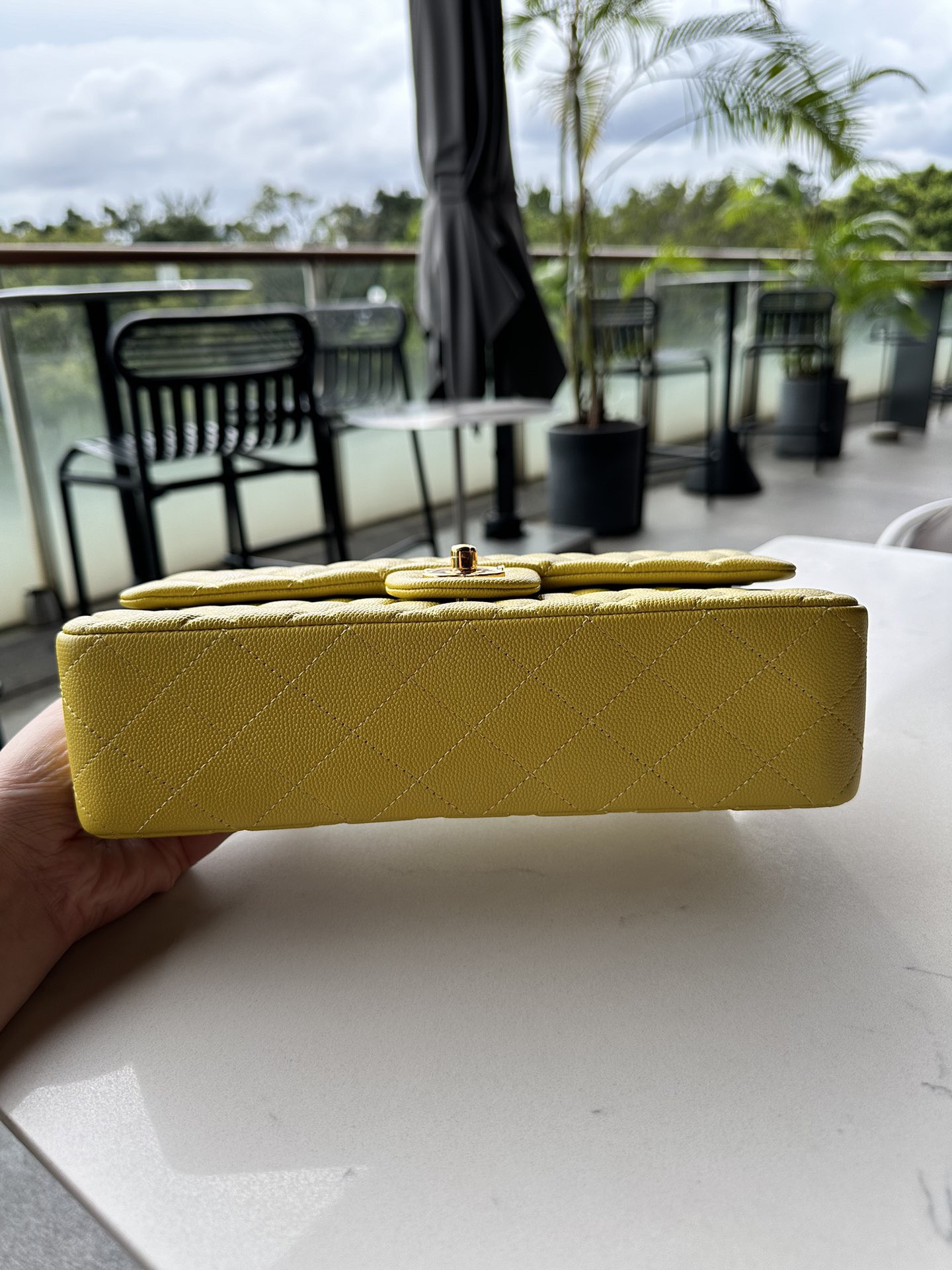 Ch*el CLASSIC HANDBAG GRAINED CALFSKIN & GOLD-TONE METAL yellow 6×9.9×2.5 in