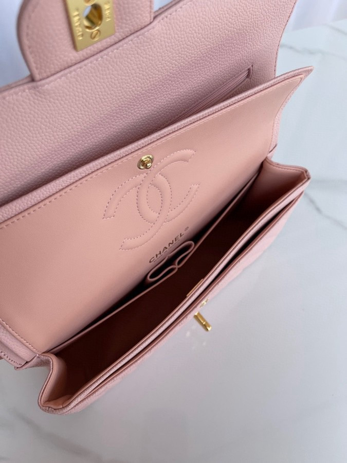 Ch*el CLASSIC HANDBAG GRAINED CALFSKIN & GOLD-TONE METAL PINK 6 × 9.9 × 2.5 in