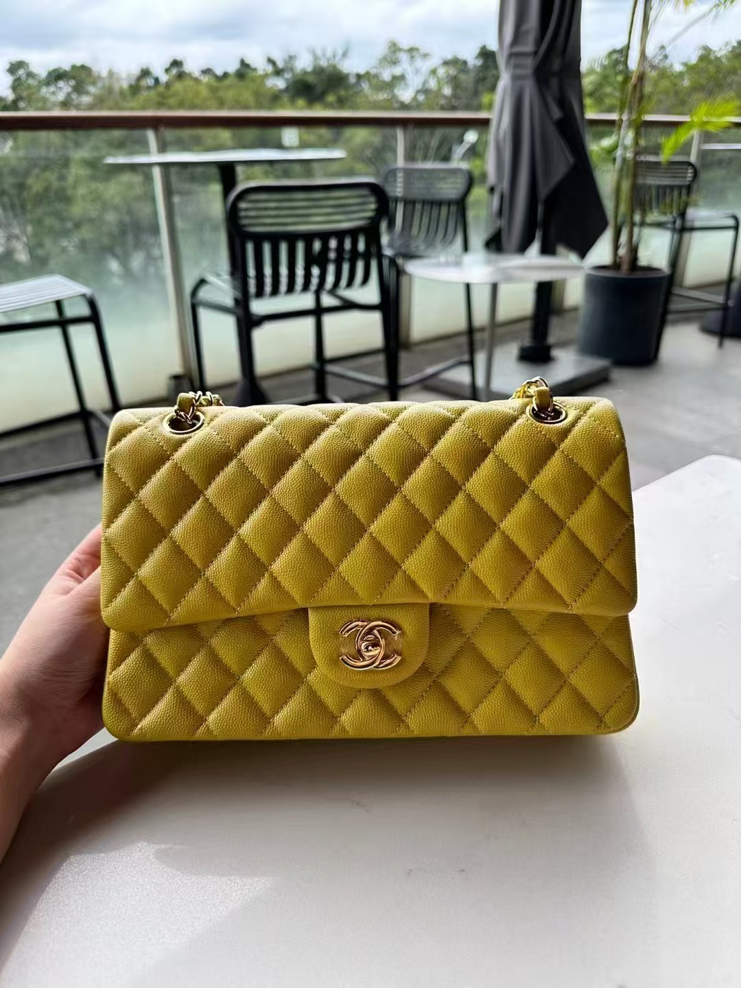Ch*el CLASSIC HANDBAG GRAINED CALFSKIN & GOLD-TONE METAL yellow 6×9.9×2.5 in