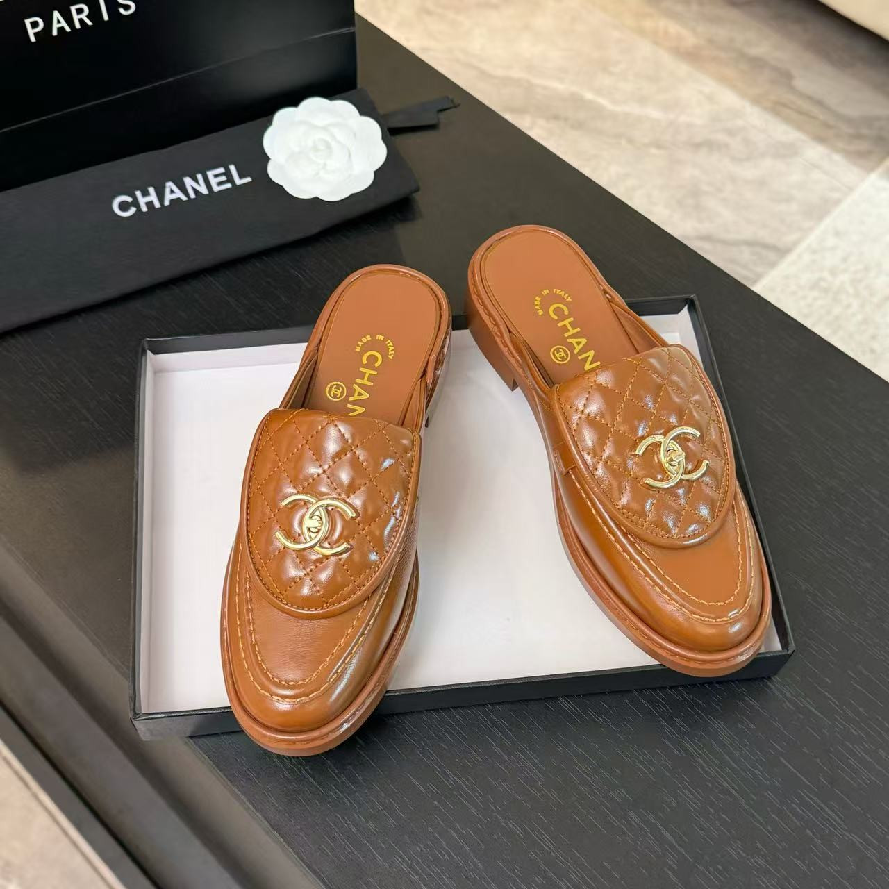 UA Ch*el Slides Leather Flats