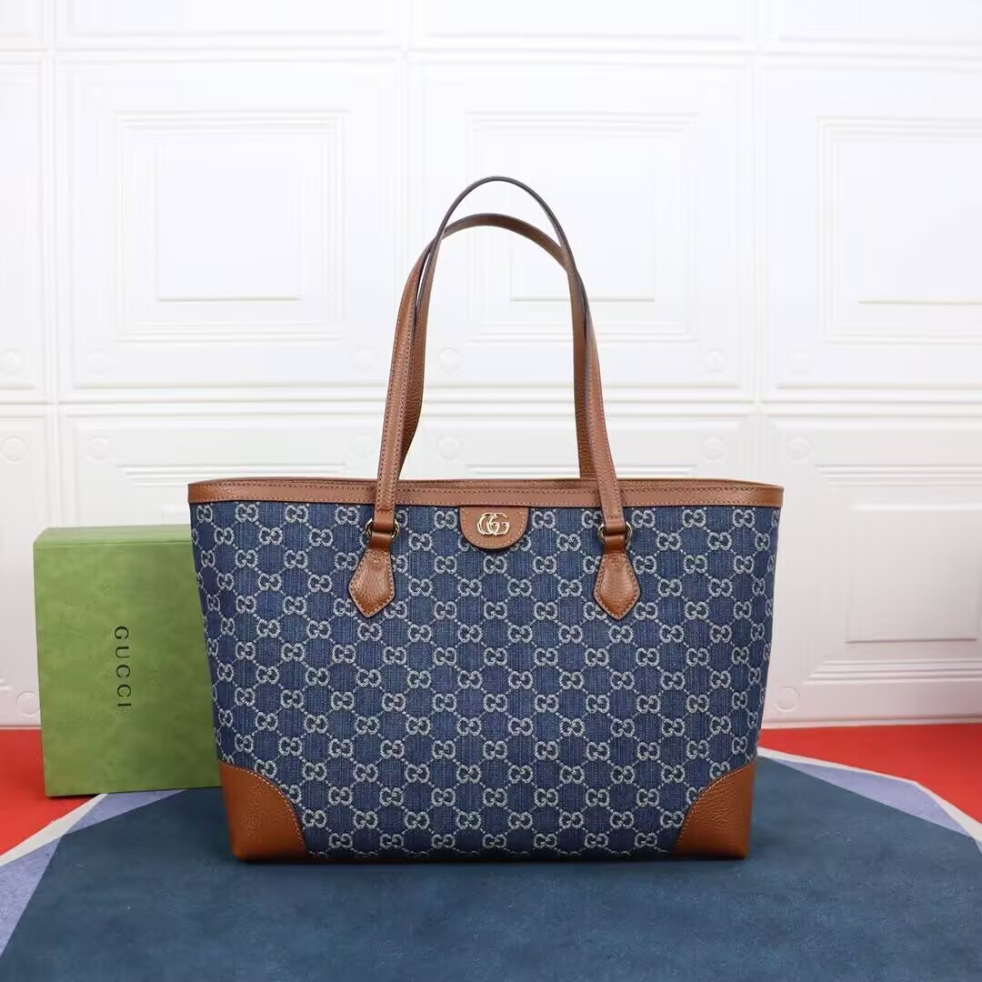 G*u*i Denim GG Monogram Medium Ophidia Shopping Tote 38x28x14cm