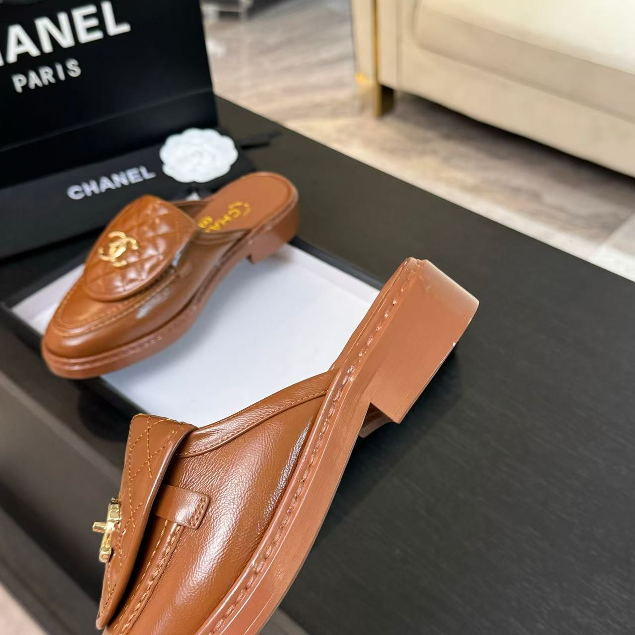 UA Ch*el Slides Leather Flats