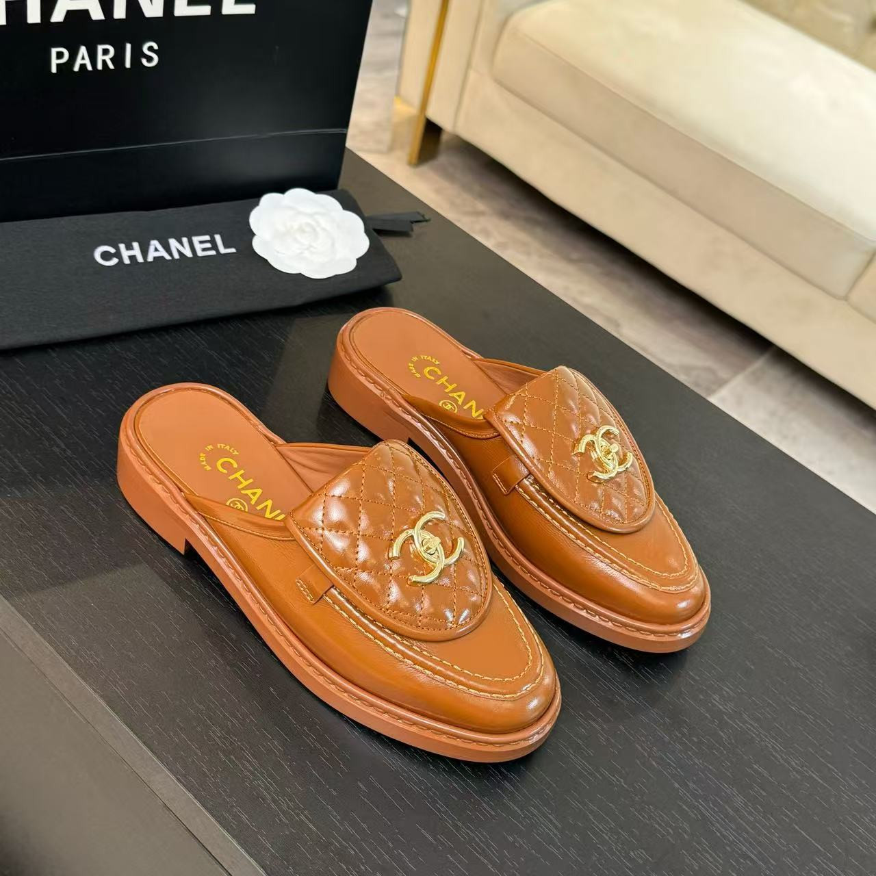 UA Ch*el Slides Leather Flats