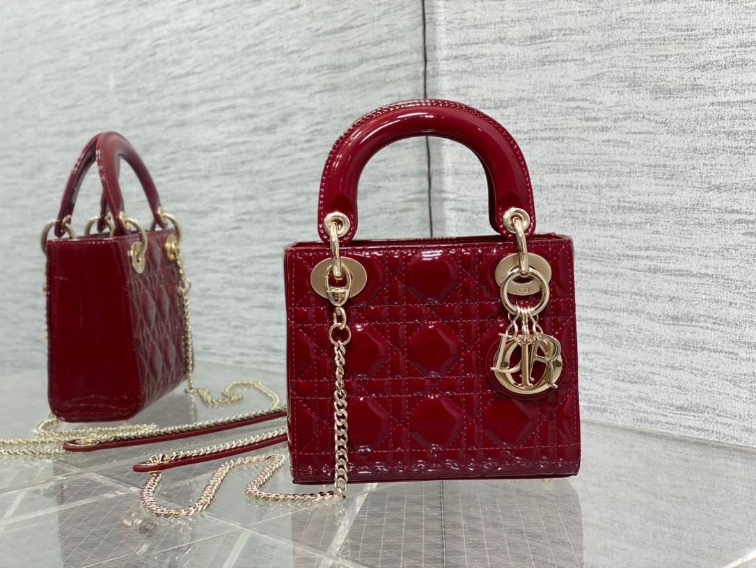 Mini Lady D*0r Bag  Cherry Red Patent Cannage Calfskin 6.5 x 6 x 3 inches