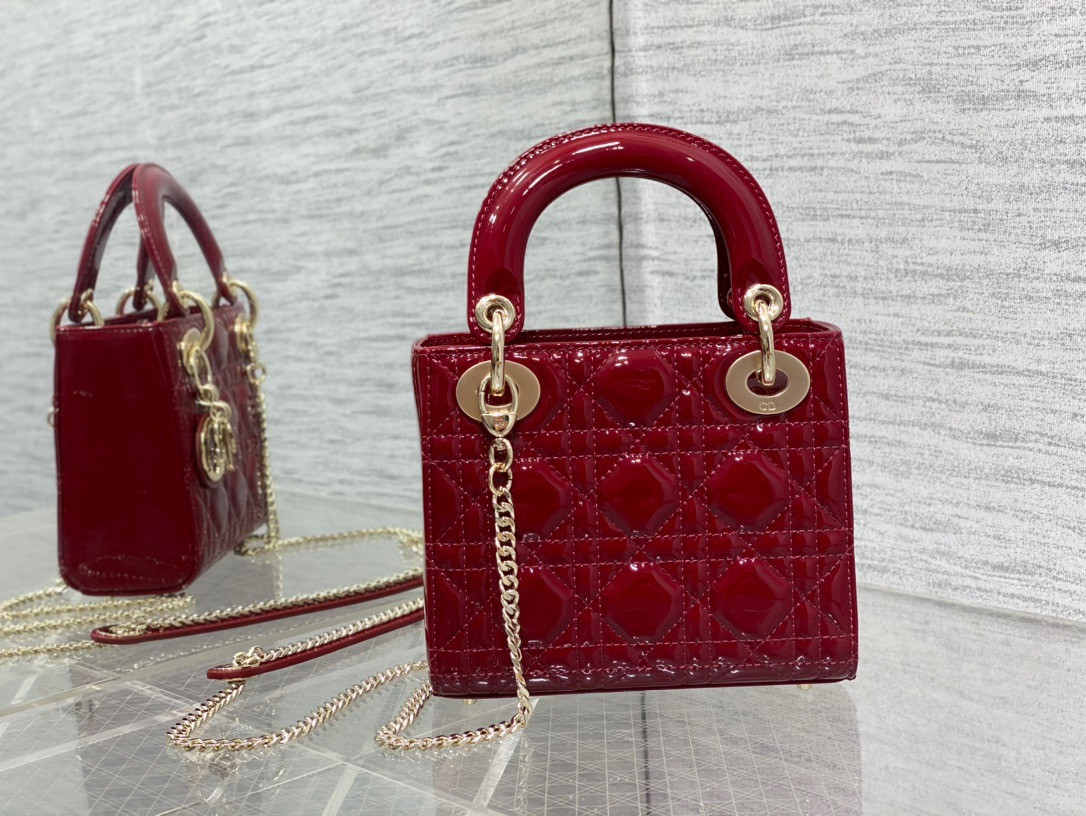 Mini Lady D*0r Bag  Cherry Red Patent Cannage Calfskin 6.5 x 6 x 3 inches