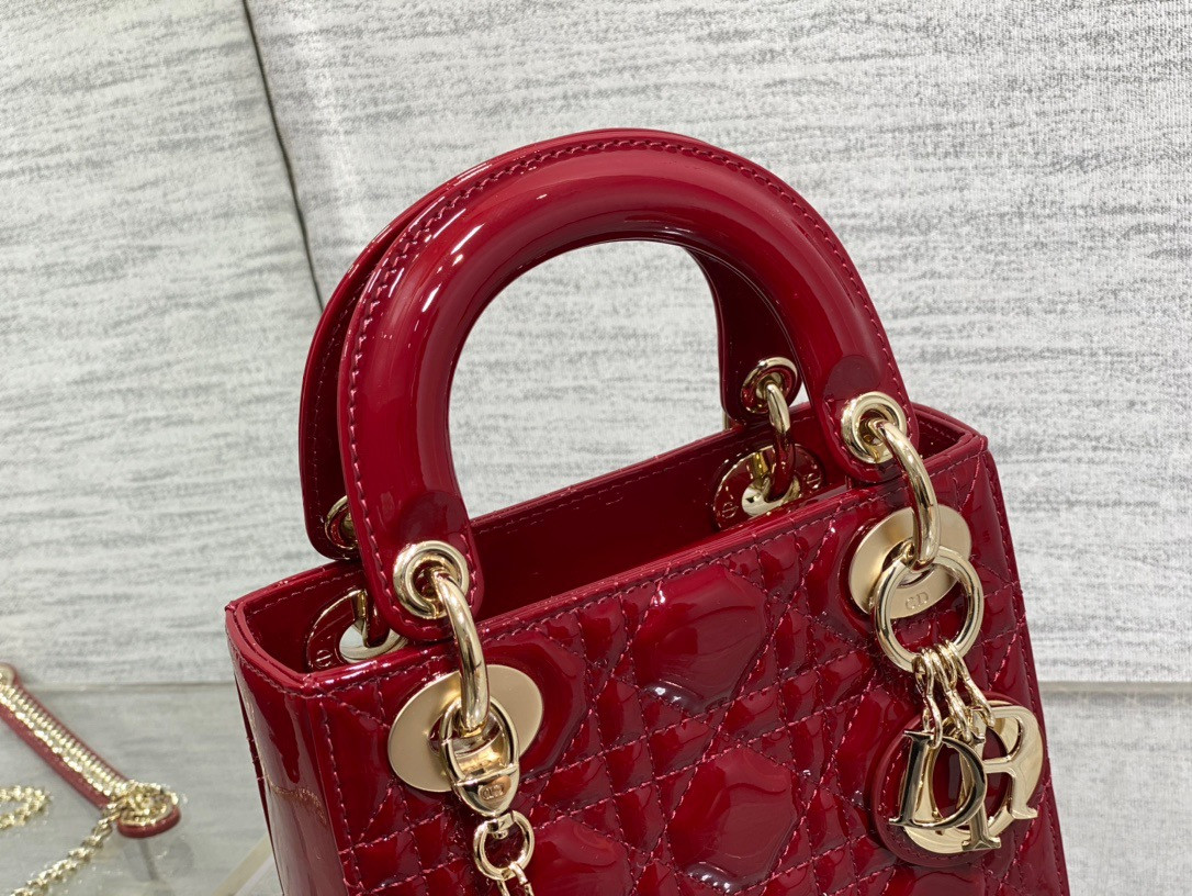 Mini Lady D*0r Bag  Cherry Red Patent Cannage Calfskin 6.5 x 6 x 3 inches