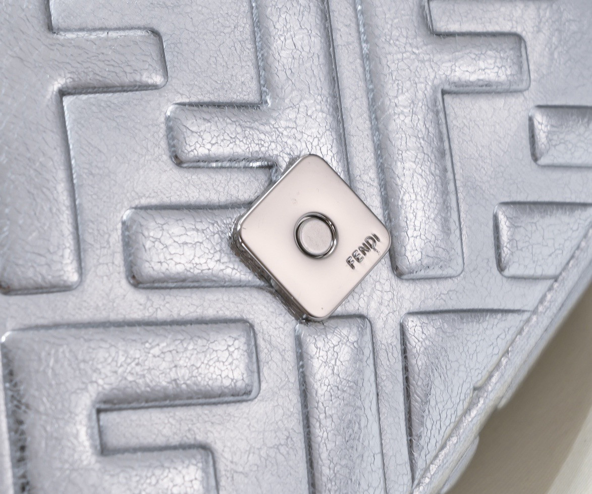 F**di Baguette Phone Pouch Craquelé silver leather pouch 26x6x15cm