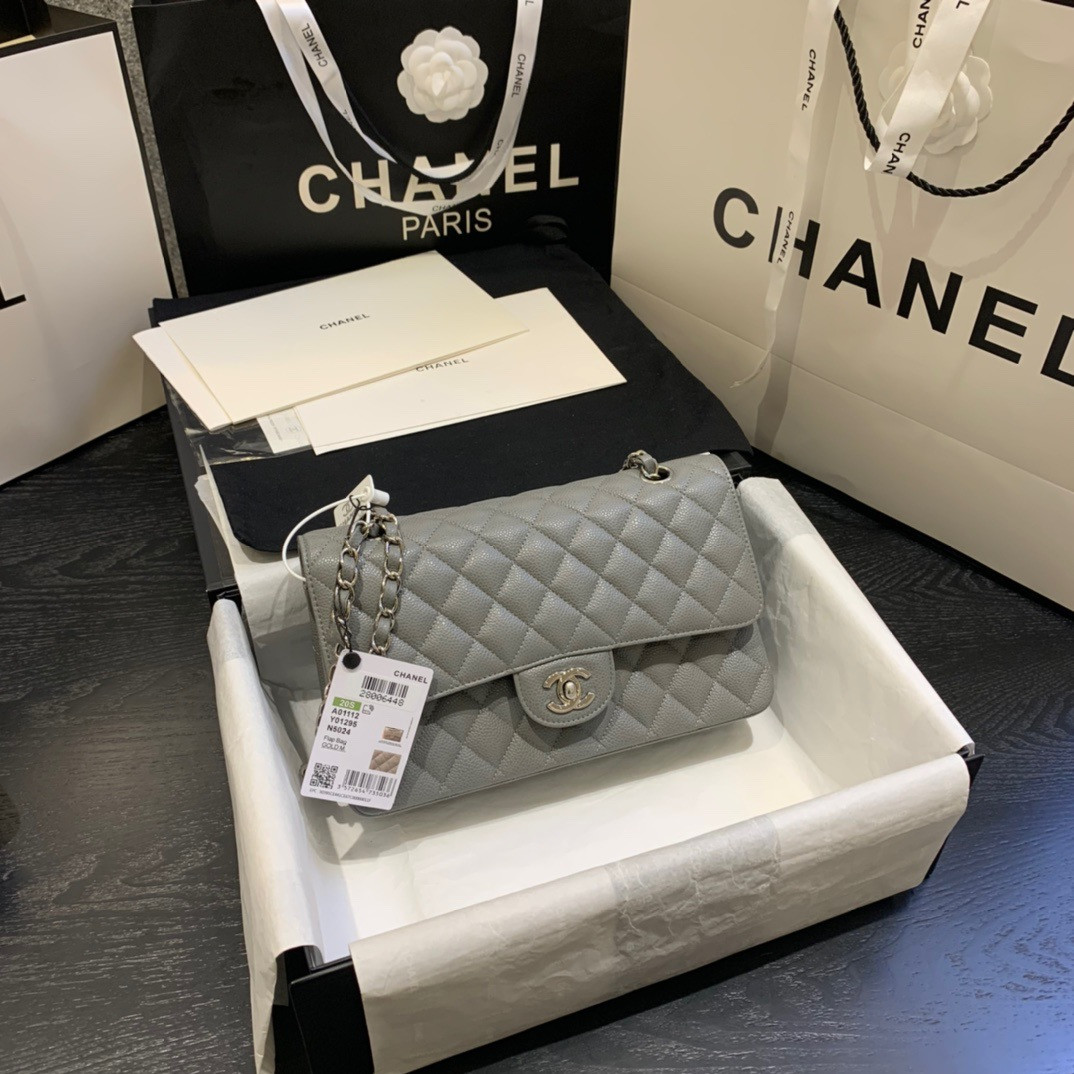 Ch*el Classic Handbag in Grained Litchi Pattern Calfskin & Silver-Tone Metal, Gray 6 × 9.9 × 2.5 inches