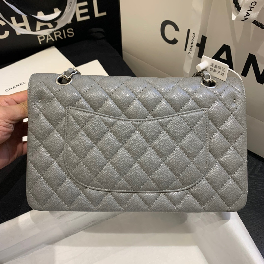 Ch*el Classic Handbag in Grained Litchi Pattern Calfskin & Silver-Tone Metal, Gray 6 × 9.9 × 2.5 inches