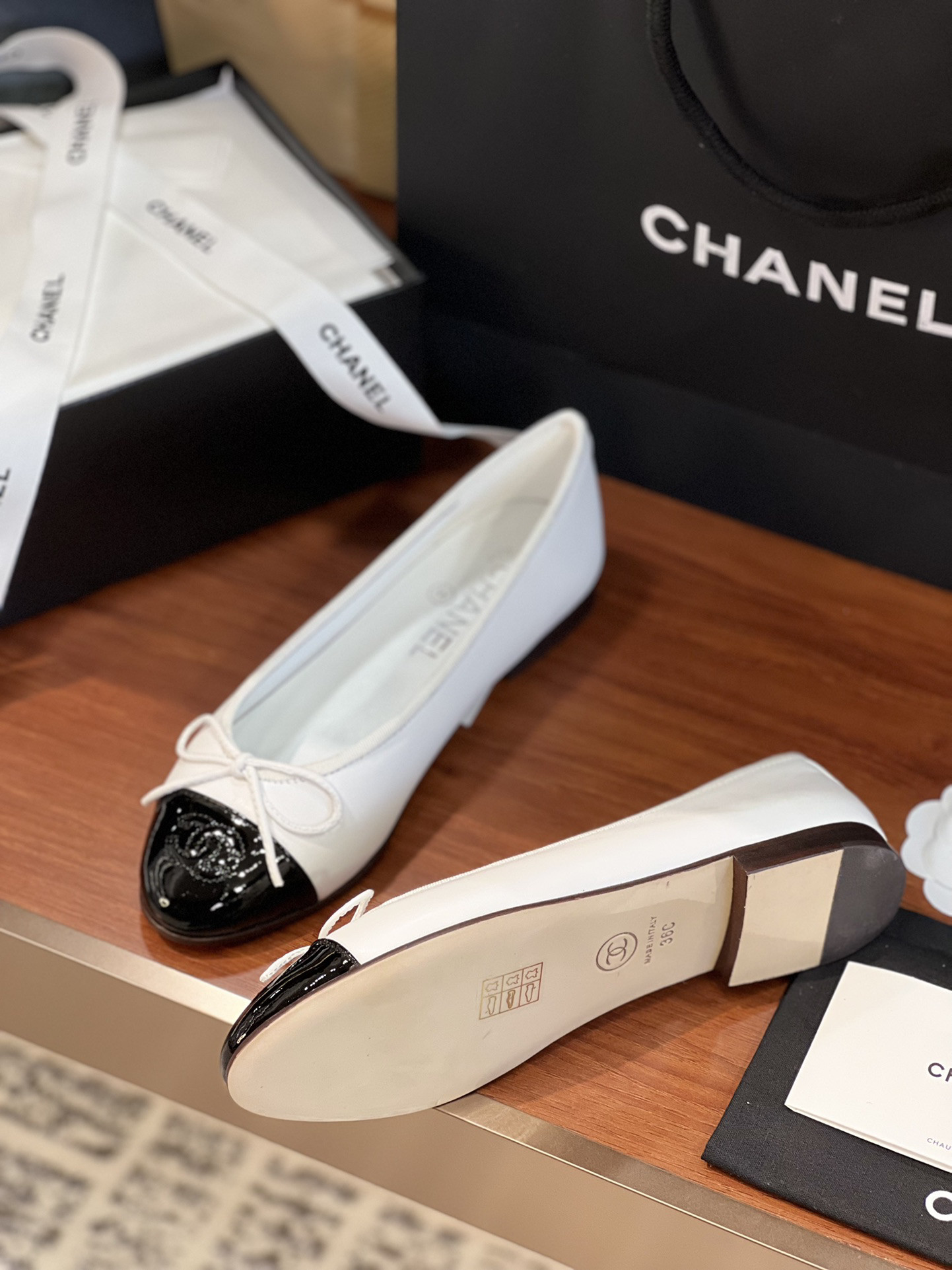 Ch*el BALLET FLATS Lambskin & Grosgrain White & Black