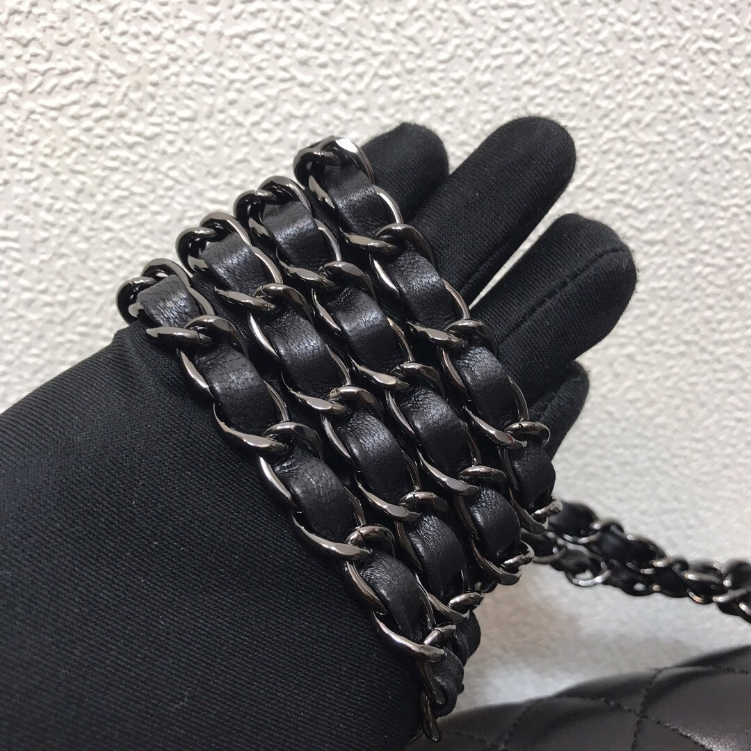 Ch*el CRUMPLED CALFSKIN QUITED DOUBLE FLAP BLACK  15.5x25.5x6.5cm