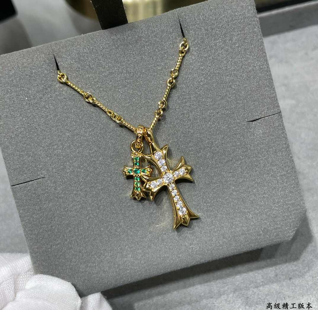 chrome heart double cross green Di*m*nd necklace
