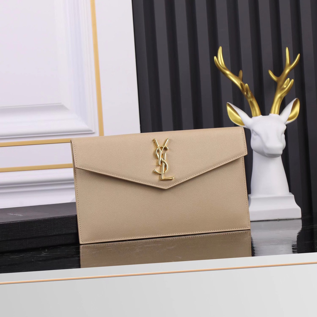 Y*L UPTOWN POUCH IN GRAIN DE POUDRE EMBOSSED LEATHER DARK BEIGE 10.6 X 6.2 X 0.7 INCHES