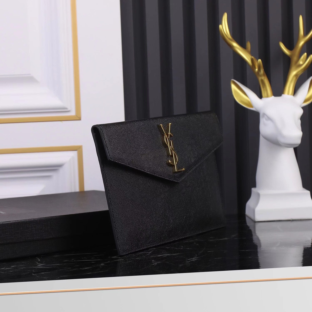 Y*L UPTOWN POUCH IN GRAIN DE POUDRE EMBOSSED LEATHER BLACK 10.6 X 6.2 X 0.7 INCHES