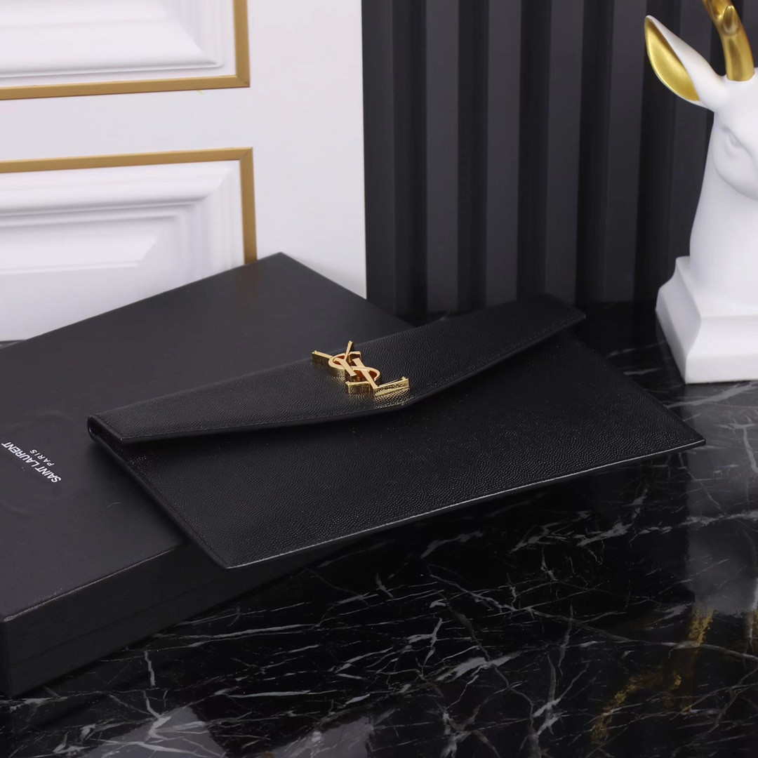 Y*L UPTOWN POUCH IN GRAIN DE POUDRE EMBOSSED LEATHER BLACK 10.6 X 6.2 X 0.7 INCHES