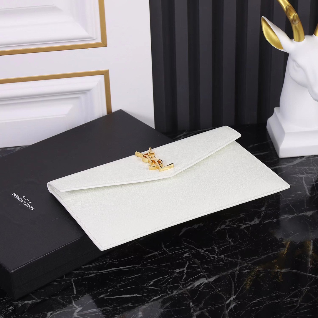 Y*L UPTOWN POUCH IN GRAIN DE POUDRE EMBOSSED LEATHER BLANC VINTAGE 10.6 X 6.2 X 0.7 INCHES