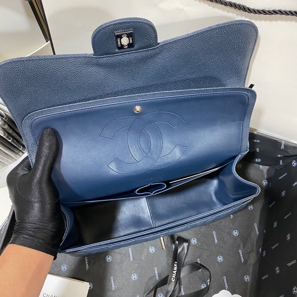 Ch*el Classic Flap Jumbo 30cm CF Blue Silver  7.6 × 11.7 × 3.9 in