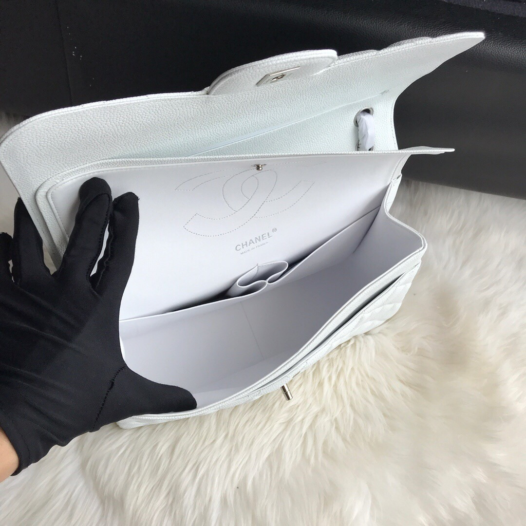 Ch*el Classic Flap Jumbo 30cm CF White Silver 7.6 × 11.7 × 3.9 in