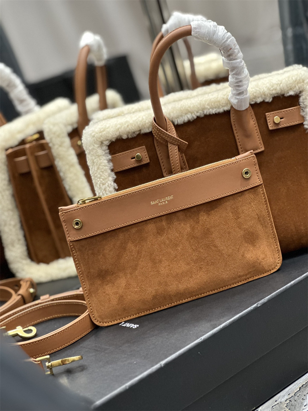 Y*L SAC DE JOUR S*pPLE BABY IN SUEDE AND SHEARLING DARK CIGAR AND NATURAL BEIGE