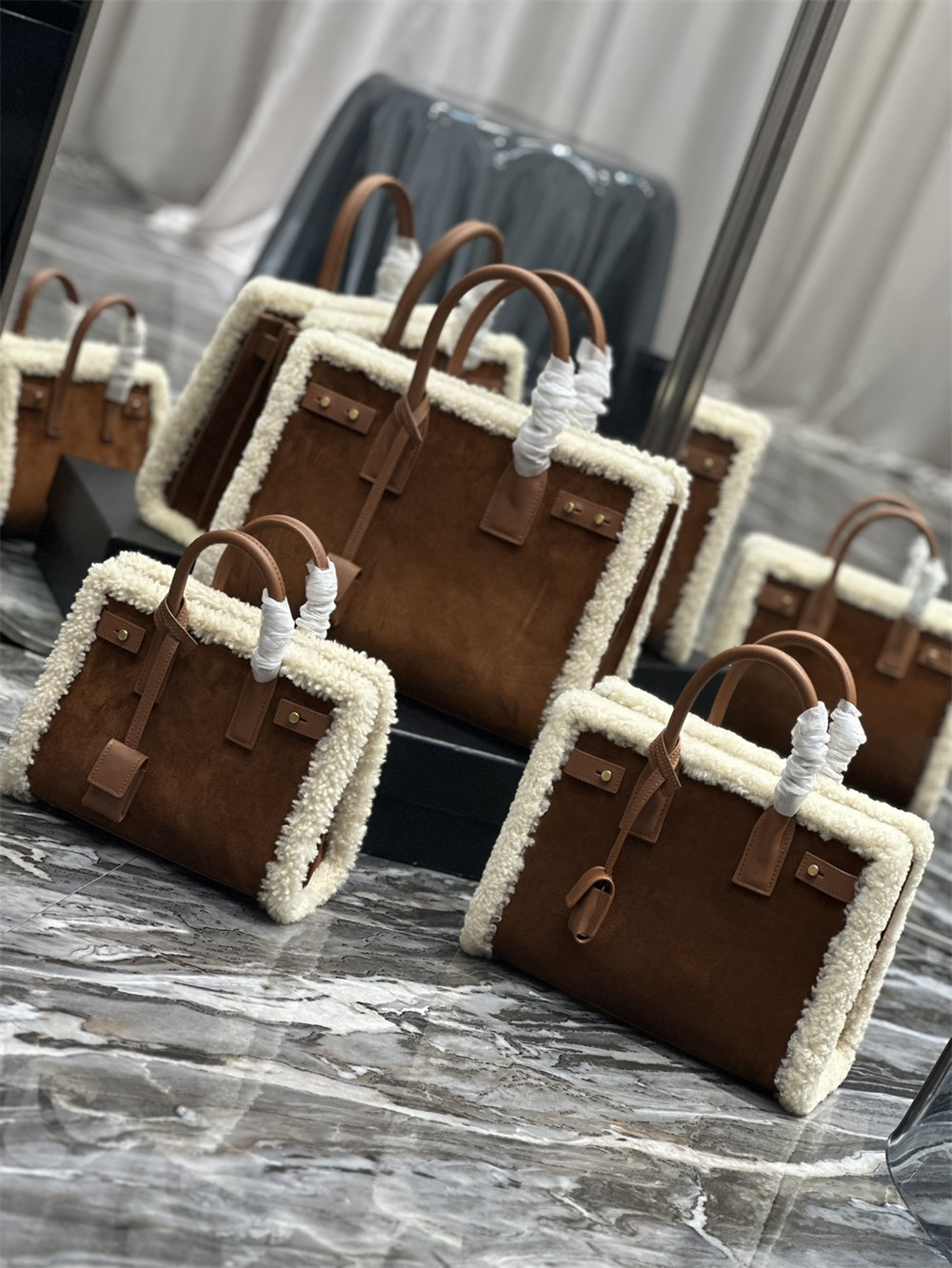 Y*L SAC DE JOUR S*pPLE BABY IN SUEDE AND SHEARLING DARK CIGAR AND NATURAL BEIGE