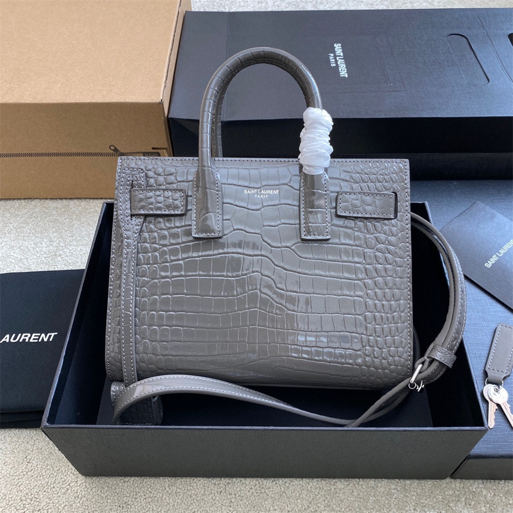 Y*L SAC DE JOUR NANO IN CROCODILE EMBOSSED LEATHER DARK GREY 8.6 X 6.8 X 3.5 INCHES