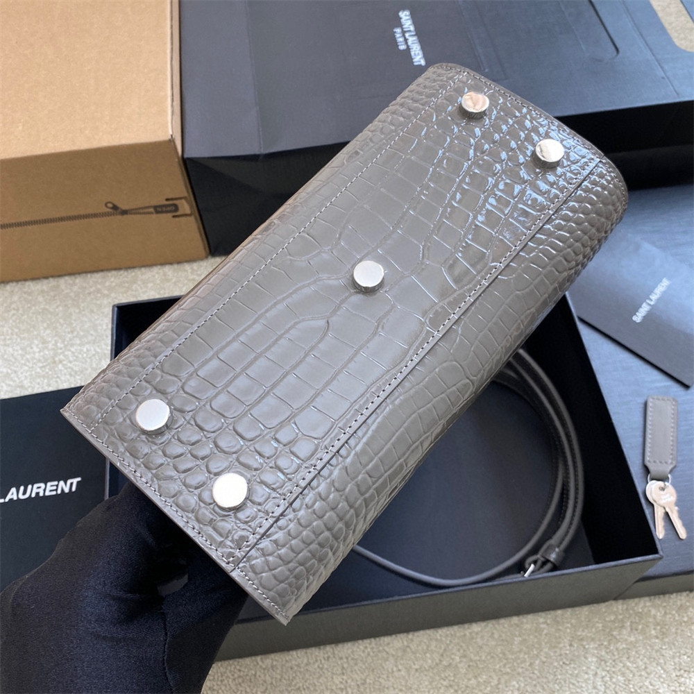 Y*L SAC DE JOUR NANO IN CROCODILE EMBOSSED LEATHER DARK GREY 8.6 X 6.8 X 3.5 INCHES