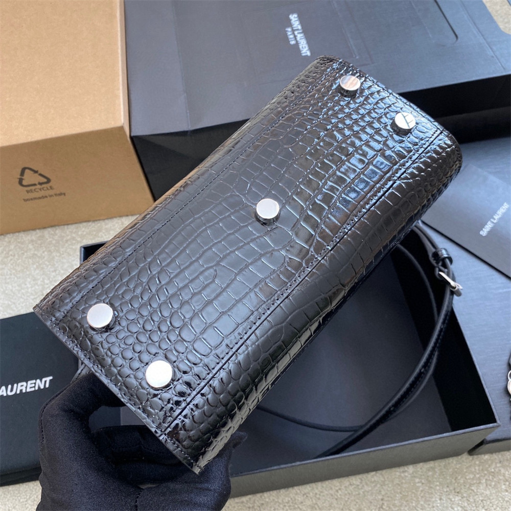 Y*L SAC DE JOUR NANO IN CROCODILE EMBOSSED LEATHER BLACK 8.6 X 6.8 X 3.5 INCHES