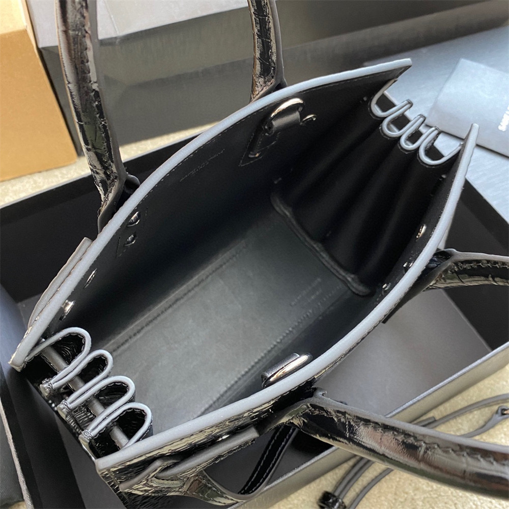 Y*L SAC DE JOUR NANO IN CROCODILE EMBOSSED LEATHER BLACK 8.6 X 6.8 X 3.5 INCHES