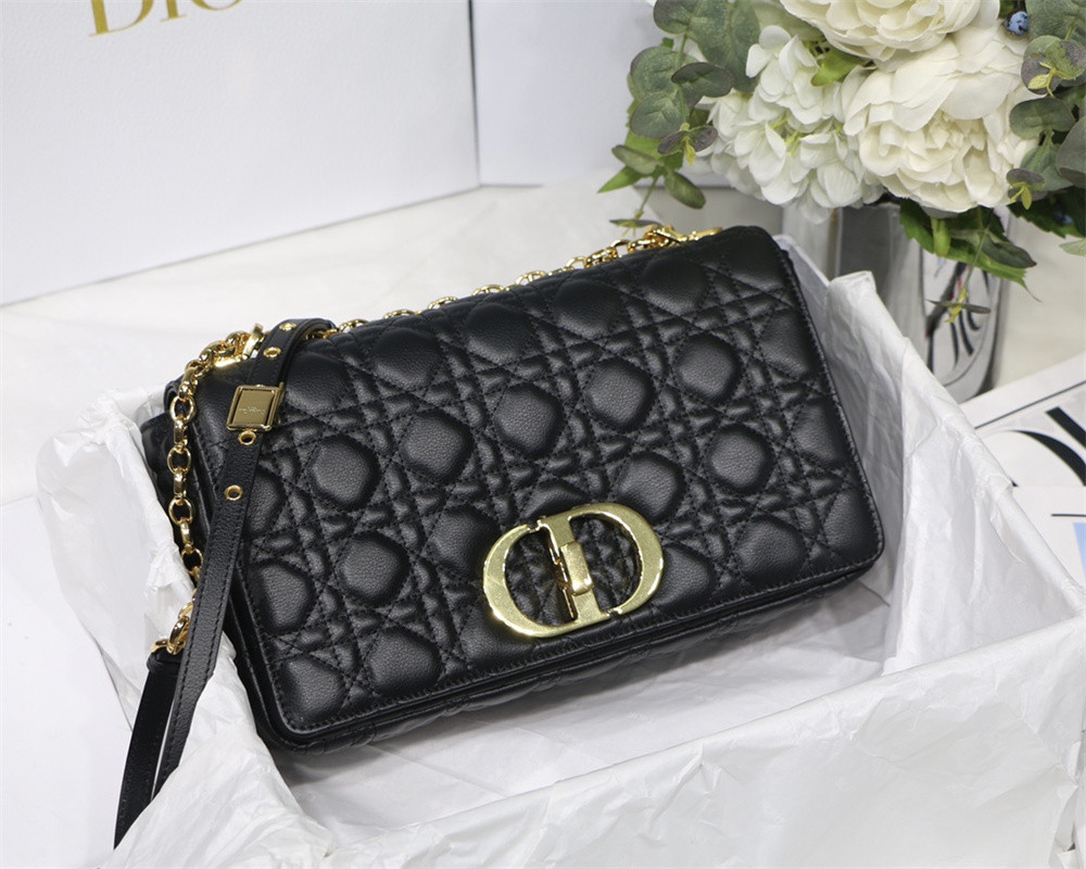 LARGE D*0r CARO BAG Black S*pple Cannage Calfskin 29 x 18 x 10 cm