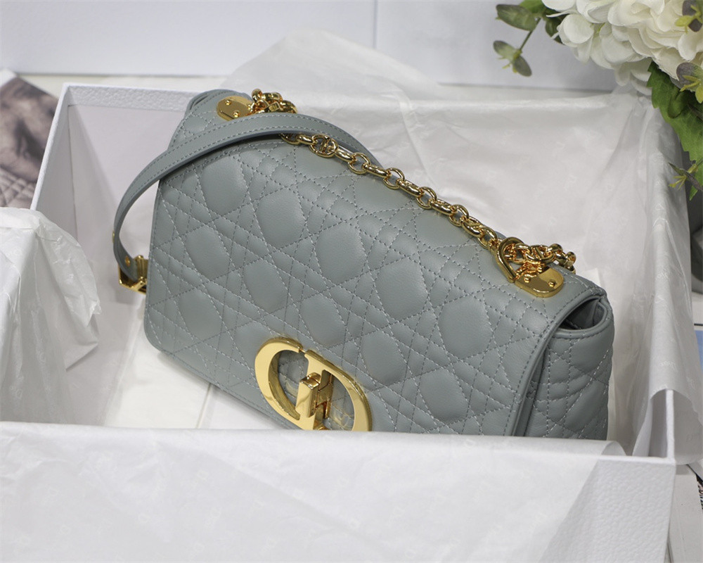 MEDIUM D*0r CARO BAG Ethereal Gray S*pple Cannage Calfskin 25.5 x 15.5 x 8 cm