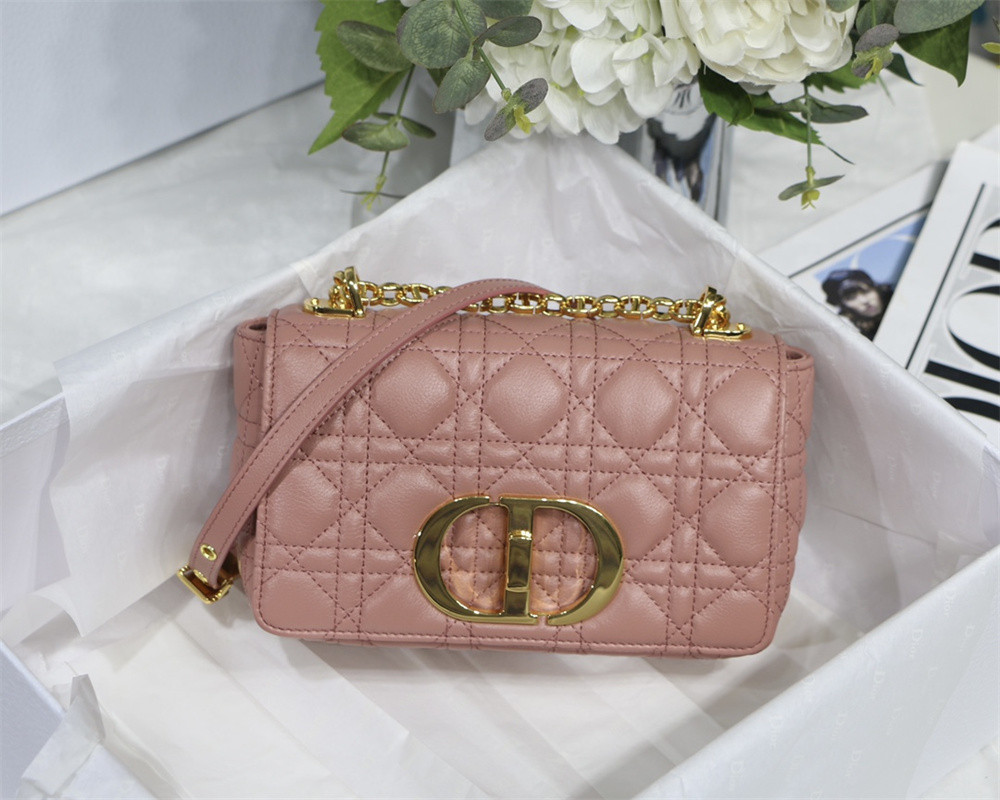 SMALL D*0r CARO BAG PINK S*pple Cannage Calfskin With Silver Hardware 20 x 12 x 7 cm