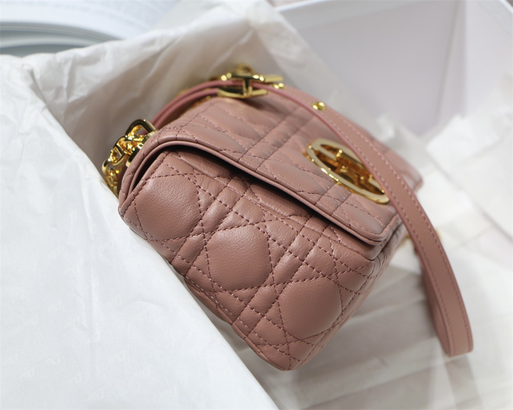 SMALL D*0r CARO BAG PINK S*pple Cannage Calfskin With Silver Hardware 20 x 12 x 7 cm