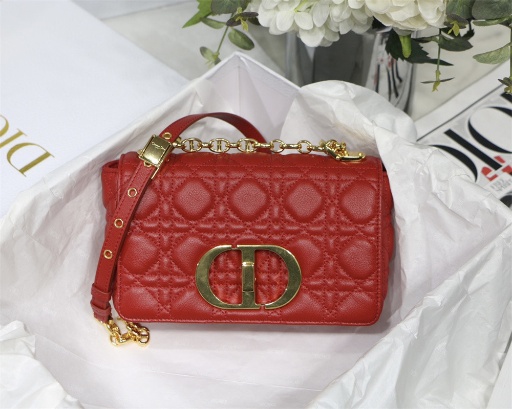 SMALL D*0r CARO BAG Red S*pple Cannage Calfskin 20 x 12 x 7 cm