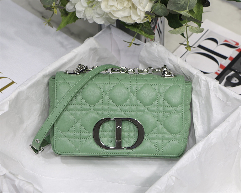 SMALL D*0r CARO BAG gREEN S*pple Cannage Calfskin With Silver Hardware 20 x 12 x 7 cm