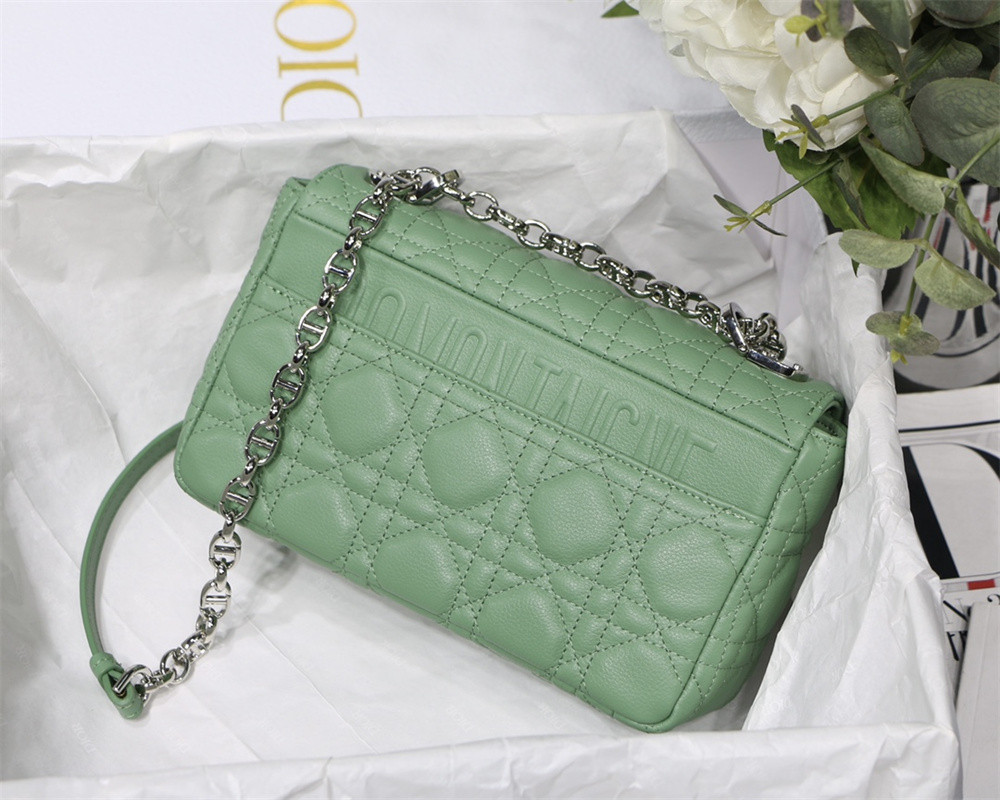 SMALL D*0r CARO BAG gREEN S*pple Cannage Calfskin With Silver Hardware 20 x 12 x 7 cm