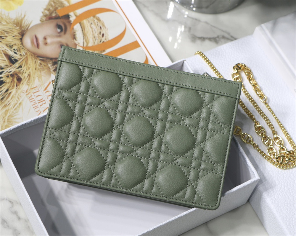 D*0r CARO ZIPPED POUCH WITH CHAIN Green S*pple Cannage Calfskin 19 x 14 x 4.5 cm