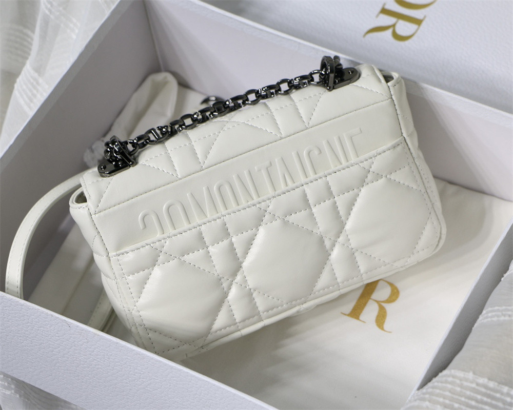 SMALL D*0r CARO BAG Ivory S*pple Cannage Calfskin With Silver Hardware 20 x 12 x 7 cm