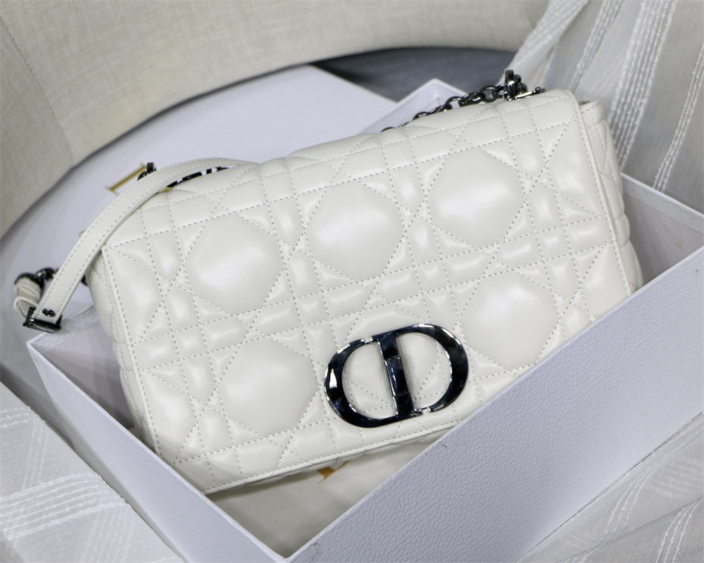 LARGE D*0r CARO BAG Ivory S*pple Cannage Calfskin With Silver Hardware 29 x 18 x 10 cm