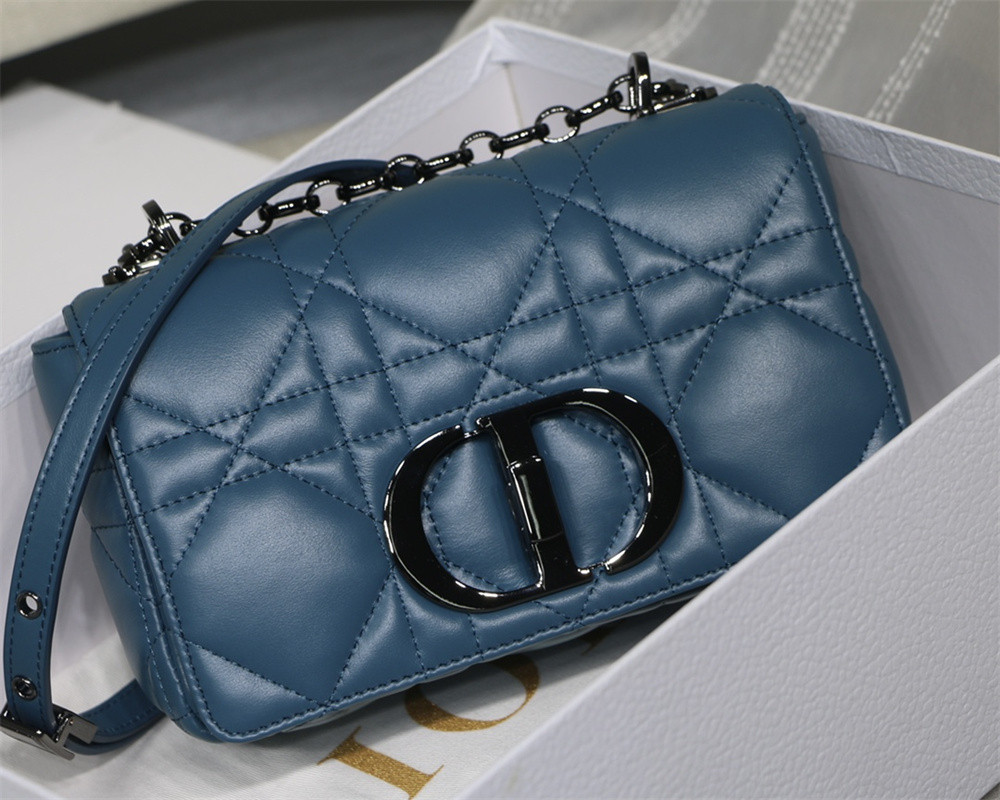 SMALL D*0r CARO BAG Navy S*pple Cannage Calfskin With Silver Hardware 20 x 12 x 7 cm