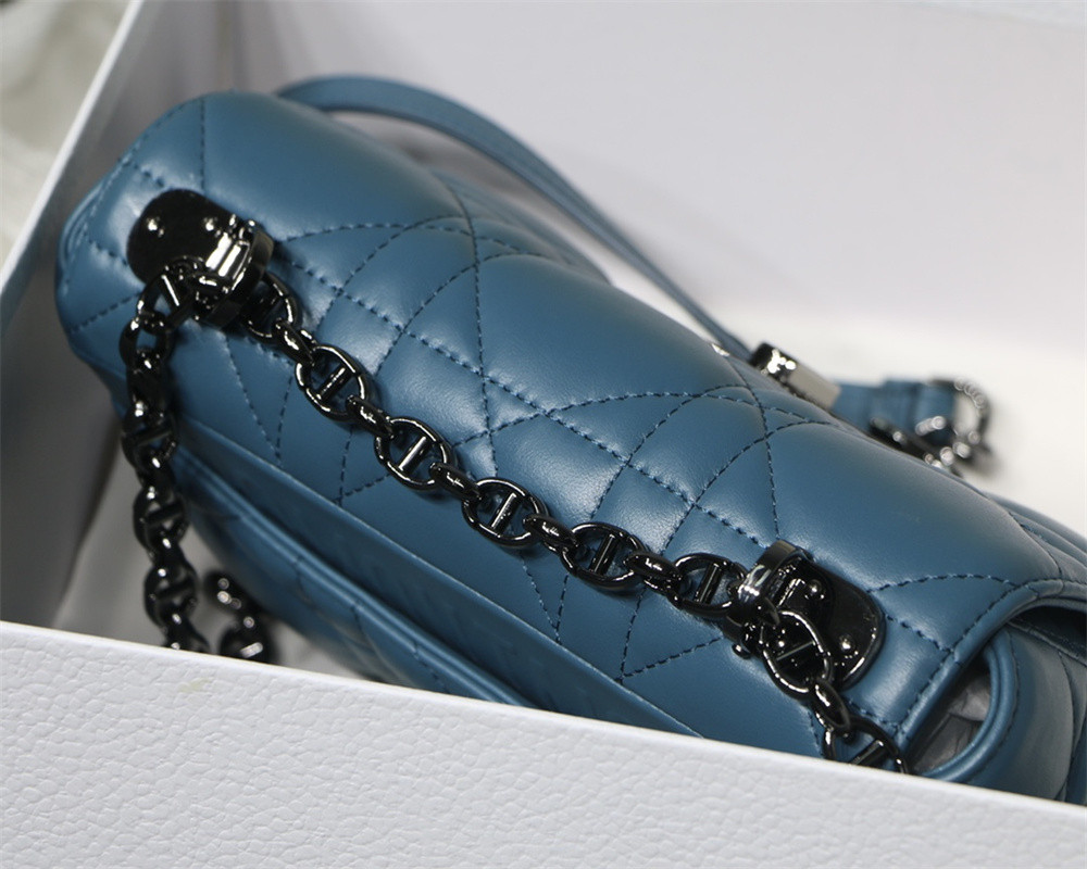 SMALL D*0r CARO BAG Navy S*pple Cannage Calfskin With Silver Hardware 20 x 12 x 7 cm