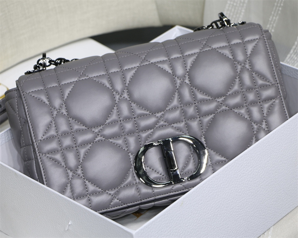 LARGE D*0r CARO BAG Stone Gray S*pple Cannage Calfskin With Silver Hardware 29 x 18 x 10 cm